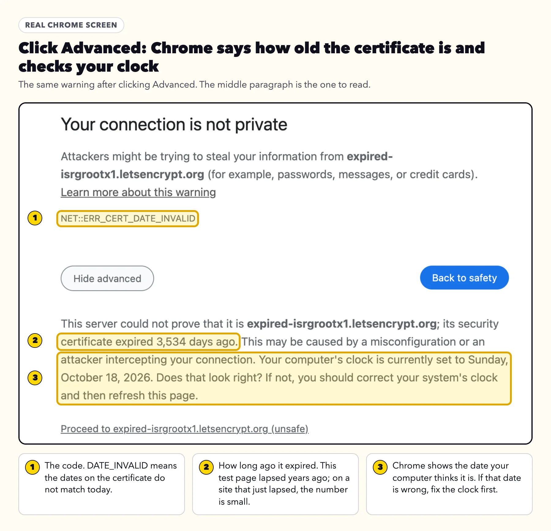 Chrome's expired certificate warning after clicking Advanced, with the code, the days since it expired and the computer's date highlighted
