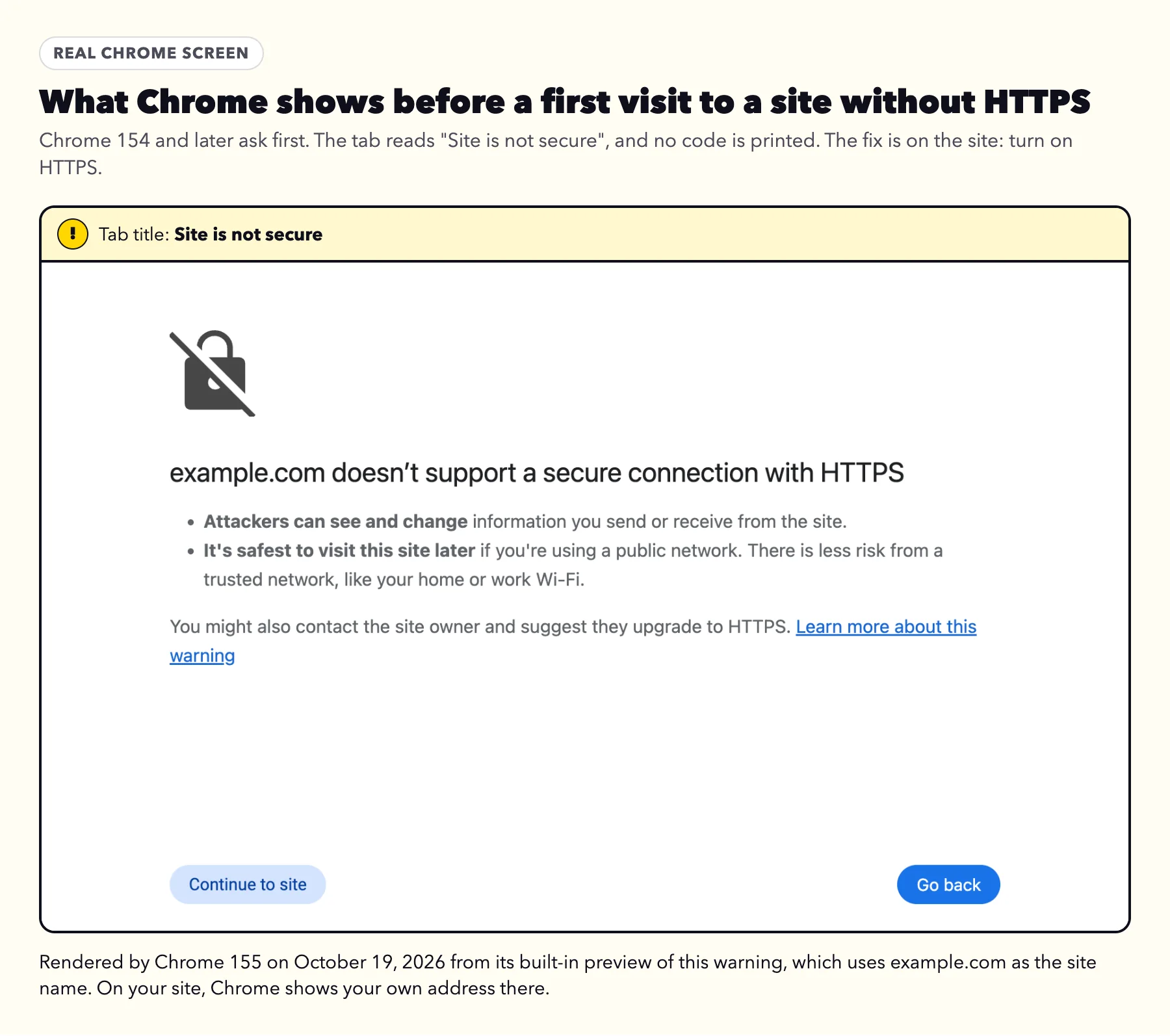 Chrome's full-page warning for a site without HTTPS, headed example.com doesn't support a secure connection with HTTPS, with Continue to site and Go back buttons
