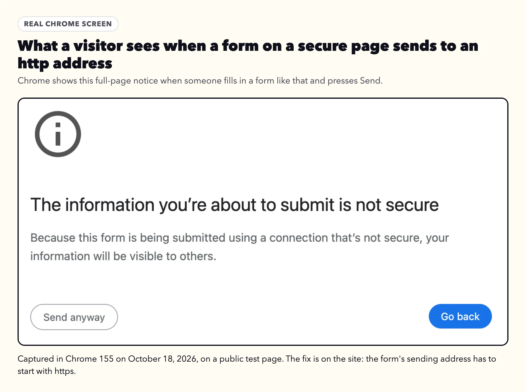 Chrome's full-page notice reading The information you're about to submit is not secure, with Send anyway and Go back buttons