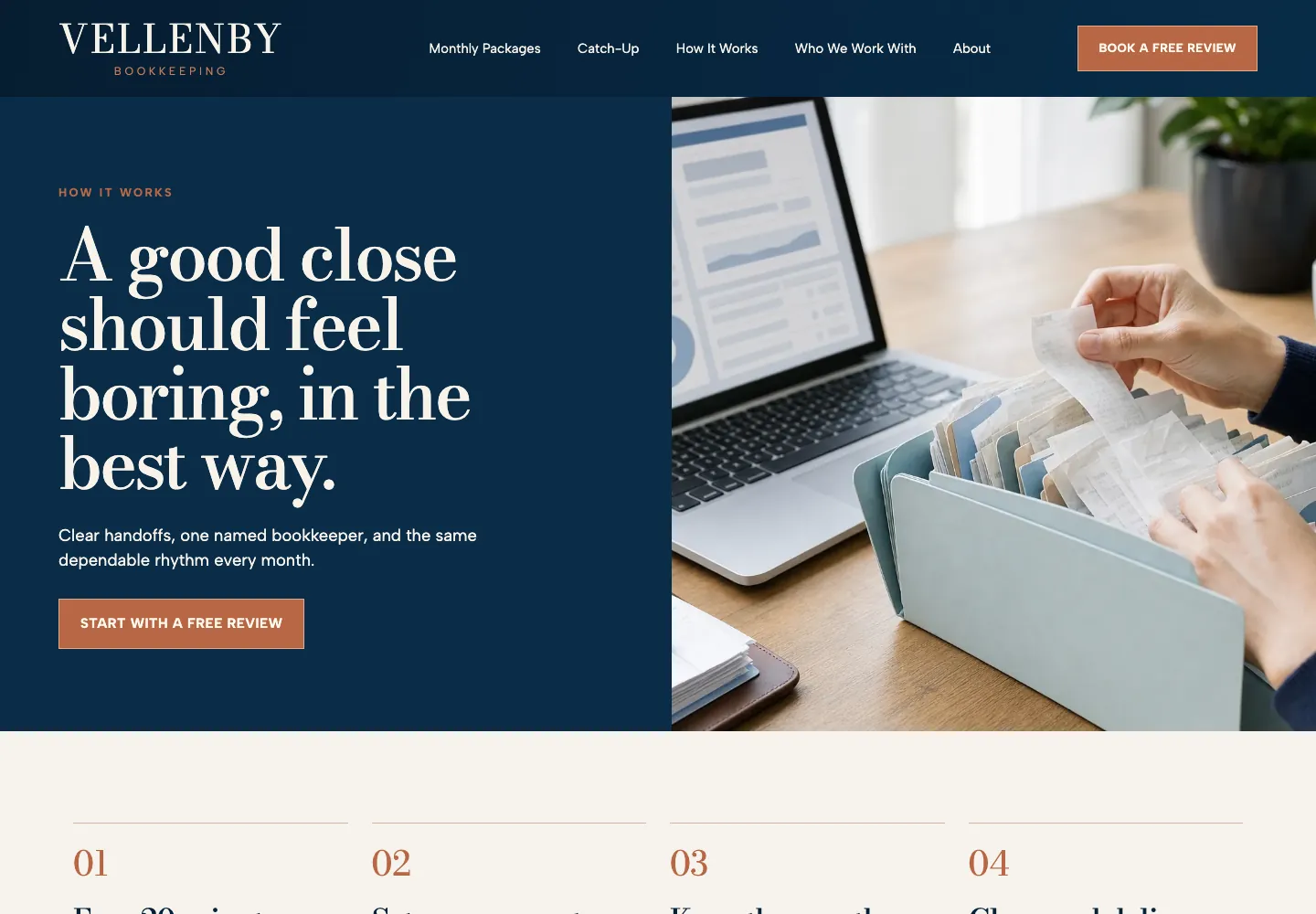 Vellenby Bookkeeping how it works page, built by Theo: the headline A good close should feel boring, in the best way and a Start with a free review button