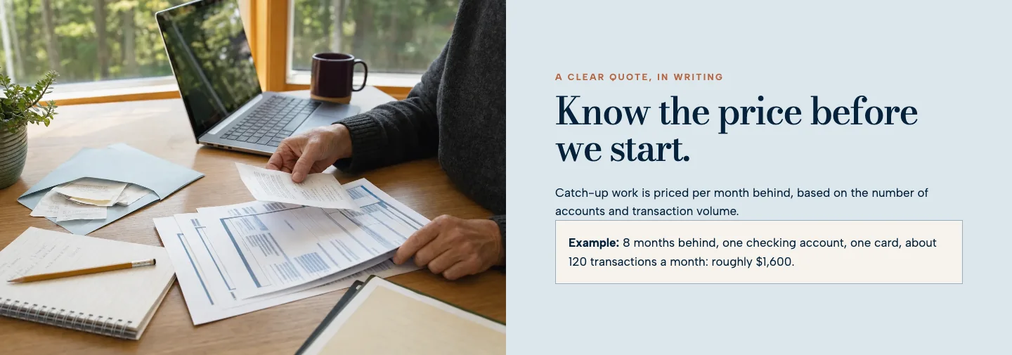 Vellenby Bookkeeping's catch-up page, built by Theo, with the heading Know the price before we start and a worked price example