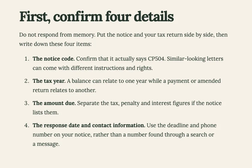 Tullberry Tax Resolution's CP504 post, built by Theo, listing four details to confirm: the notice code, the tax year, the amount due, and the response date and contact information