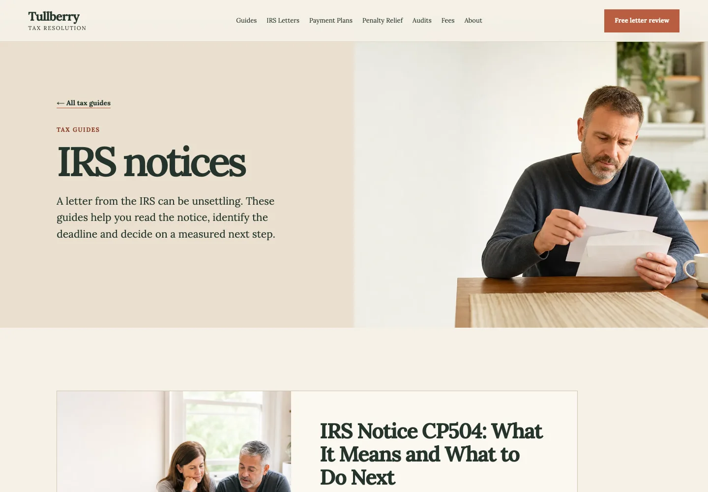 Tullberry Tax Resolution's IRS Notices category page, with the CP504 post as its first entry, built by Theo