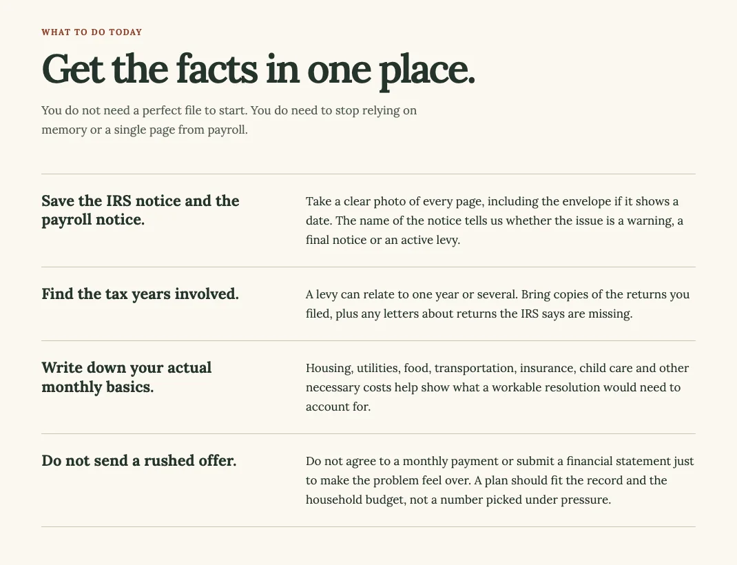 The What to do today list on Tullberry Tax Resolution's IRS wage garnishment help page, built by Theo