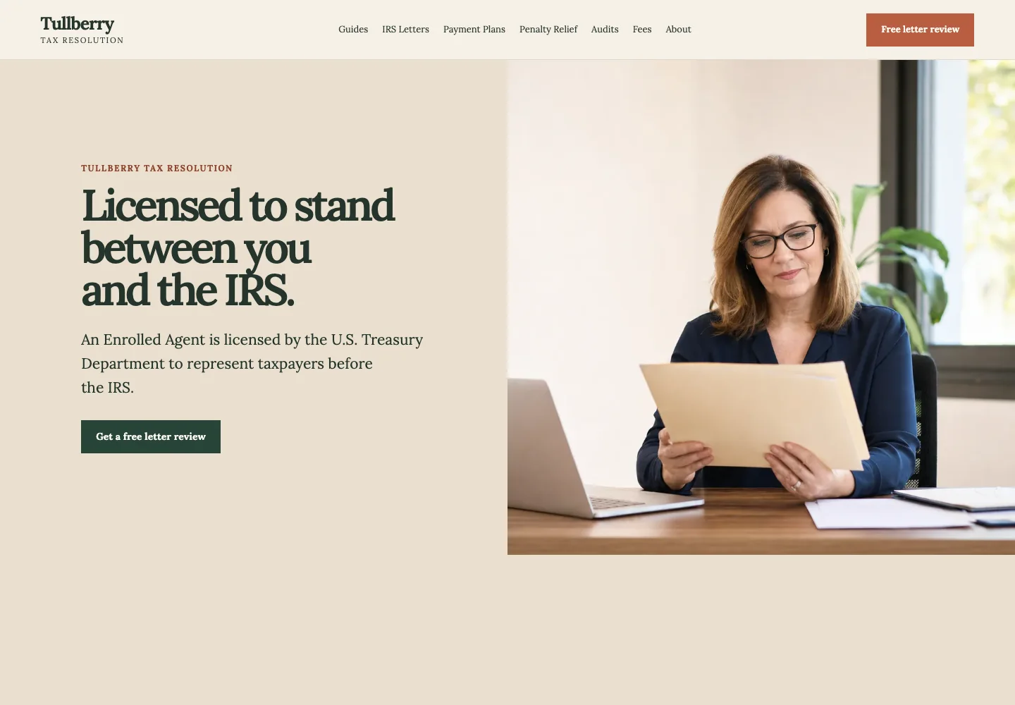 Tullberry Tax Resolution enrolled agent page, built by Theo: the headline Licensed to stand between you and the IRS., a line explaining that an Enrolled Agent is licensed by the U.S. Treasury Department, and a Get a free letter review button
