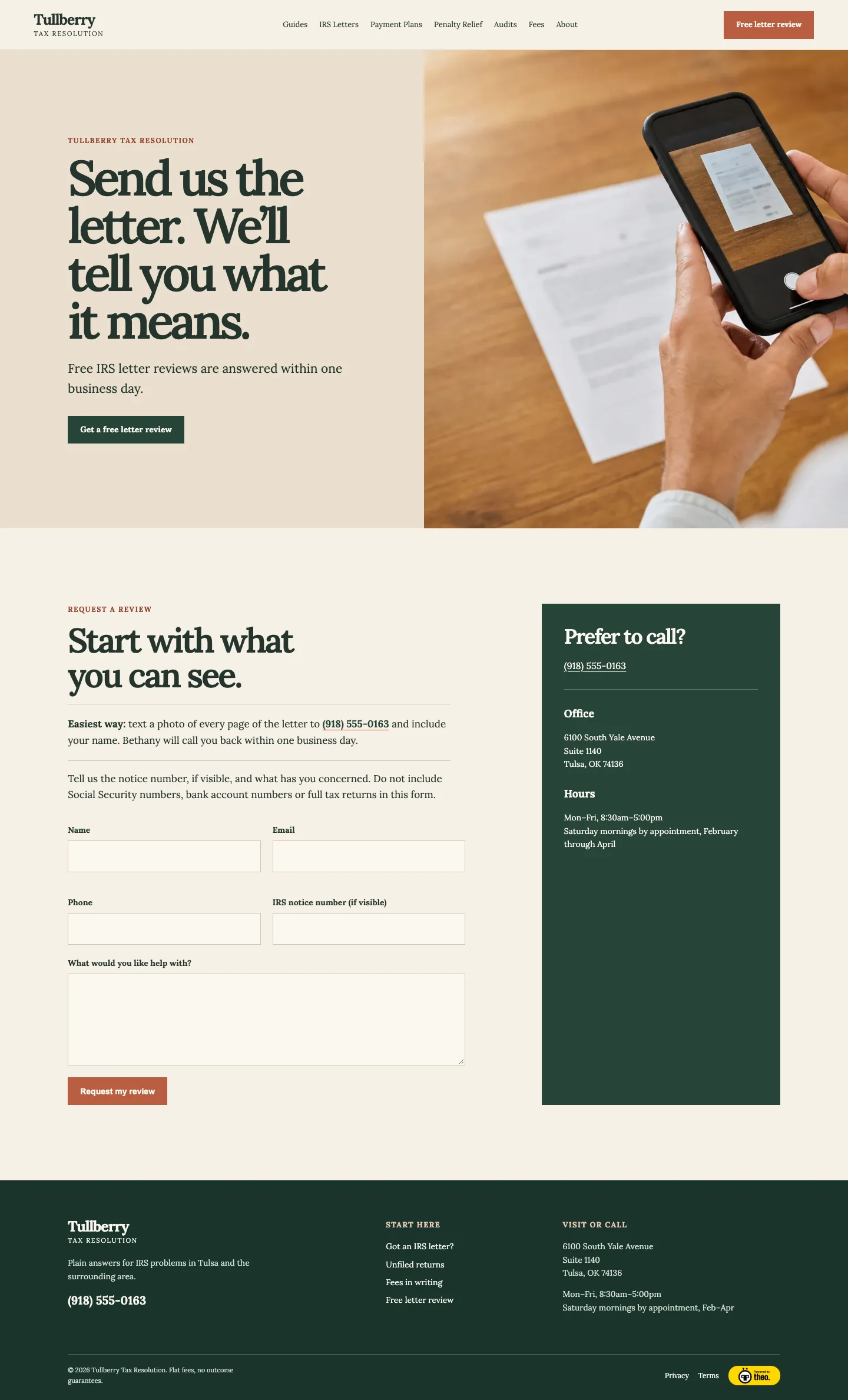 Tullberry Tax Resolution contact page, built by Theo: the Start with what you can see section, with the text-a-photo instructions, the line not to include Social Security or bank numbers, a form with an IRS notice number field, and a Prefer to call box with phone, office and hours