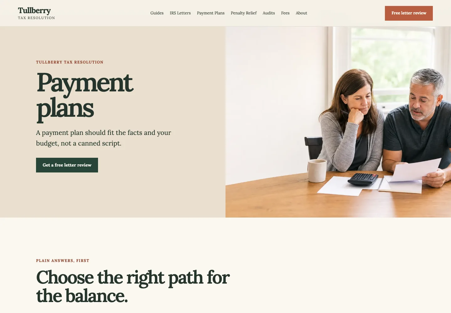 Payment plans page of Tullberry Tax Resolution, built by Theo