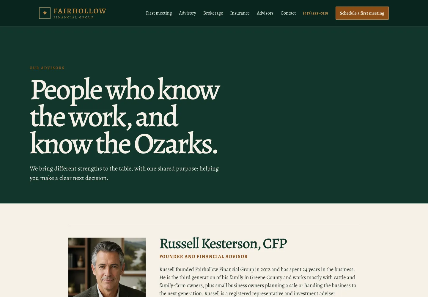 Fairhollow Financial Group Our Advisors page, built by Theo: the headline People who know the work, and know the Ozarks, and the founder's photo and bio