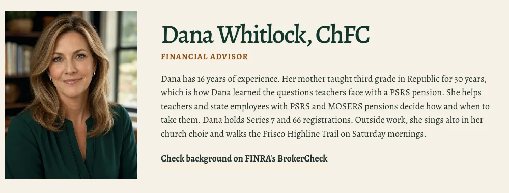 Fairhollow Financial Group advisors page, built by Theo: the bio of Dana Whitlock, ChFC, ending on a link that reads Check background on FINRA's BrokerCheck