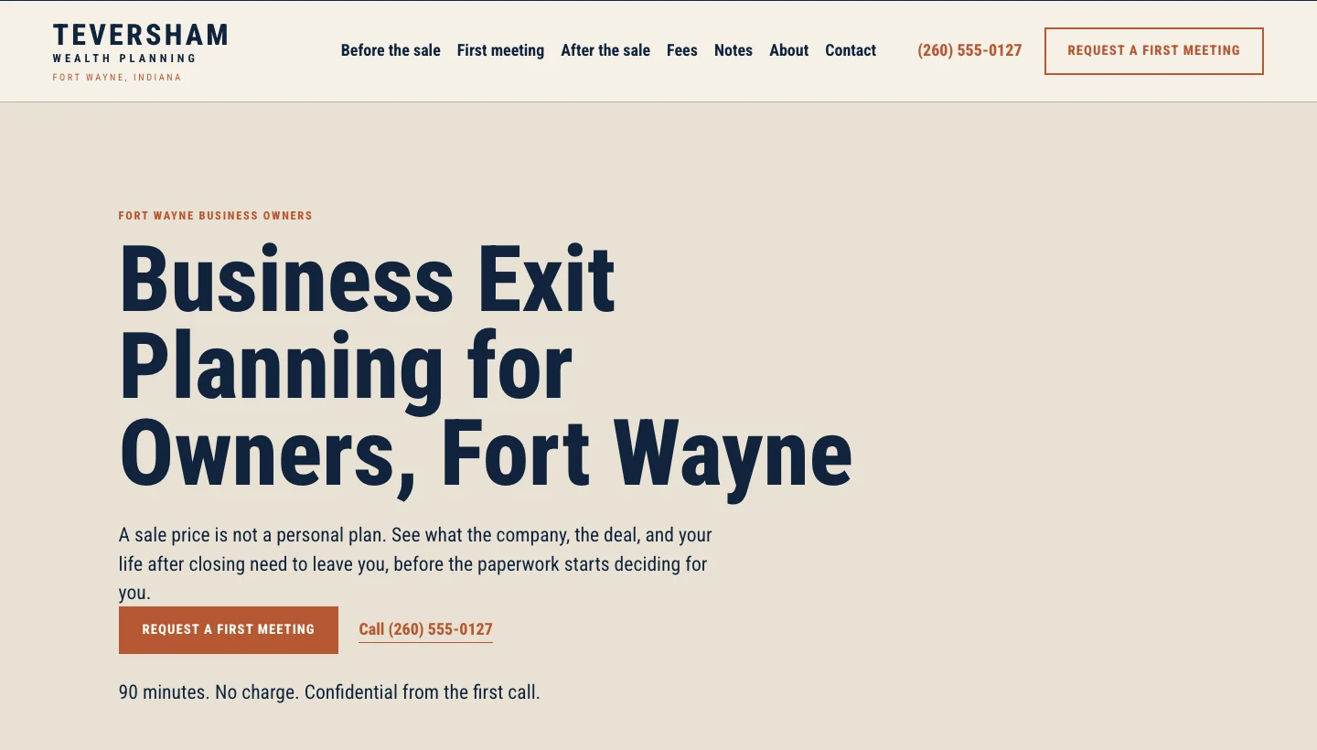 Teversham Wealth Planning's page Business Exit Planning for Owners, Fort Wayne, built by Theo, as it opens on a laptop