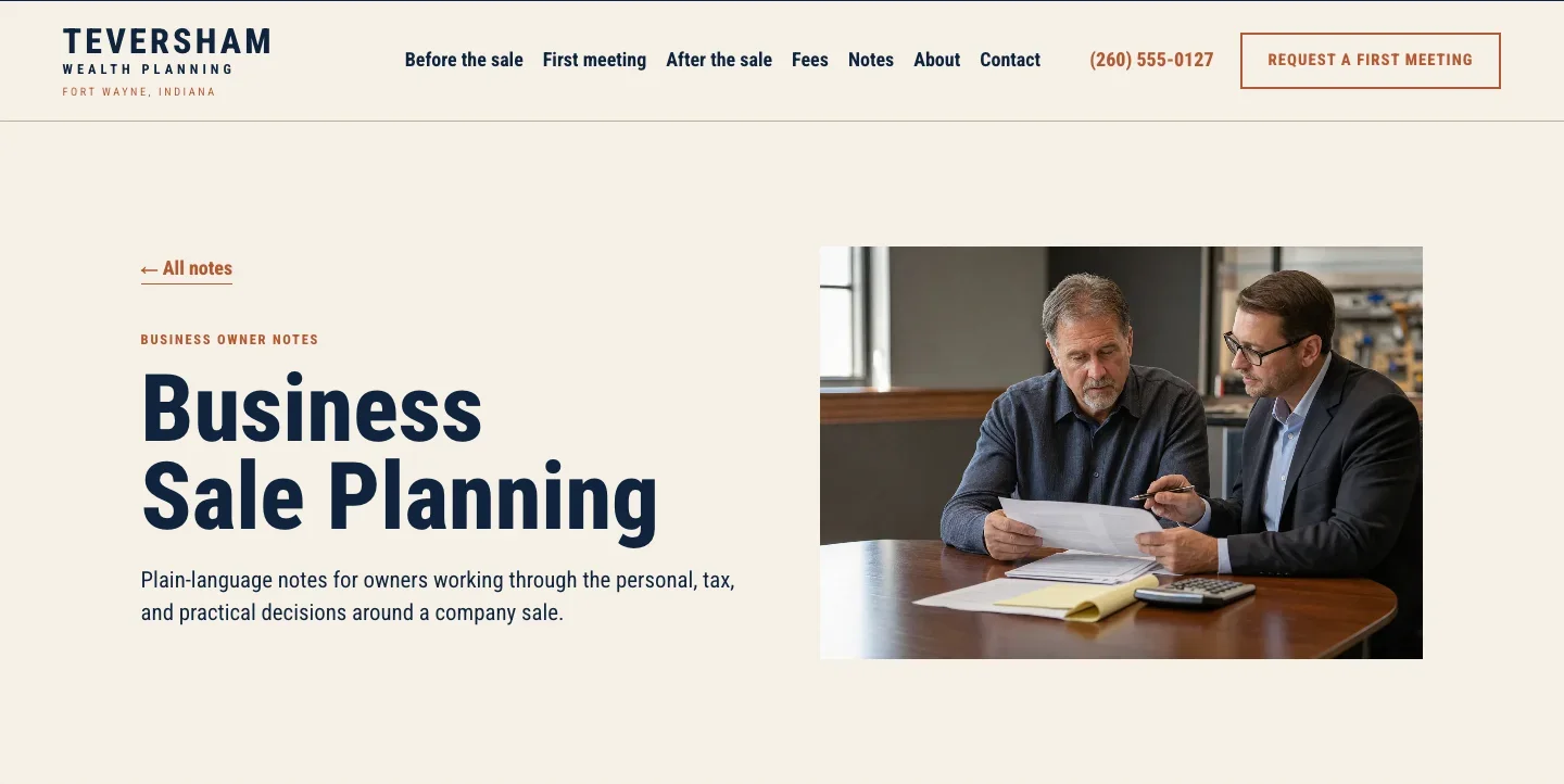 Teversham Wealth Planning's Business Sale Planning category page, built by Theo, with Notes in the menu