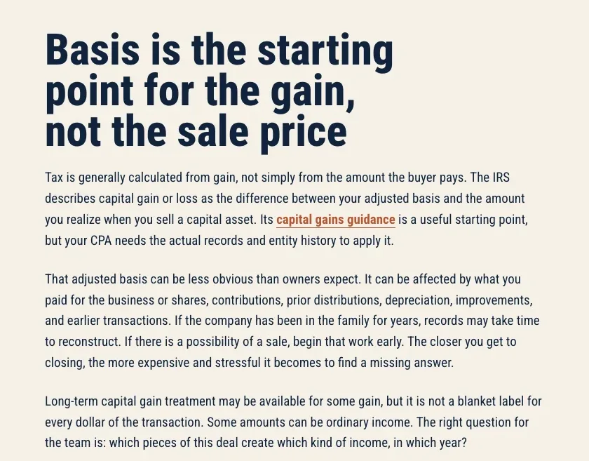 Teversham Wealth Planning's post Tax Implications of Selling a Business, built by Theo: the section on basis, with a link to the IRS capital gains guidance