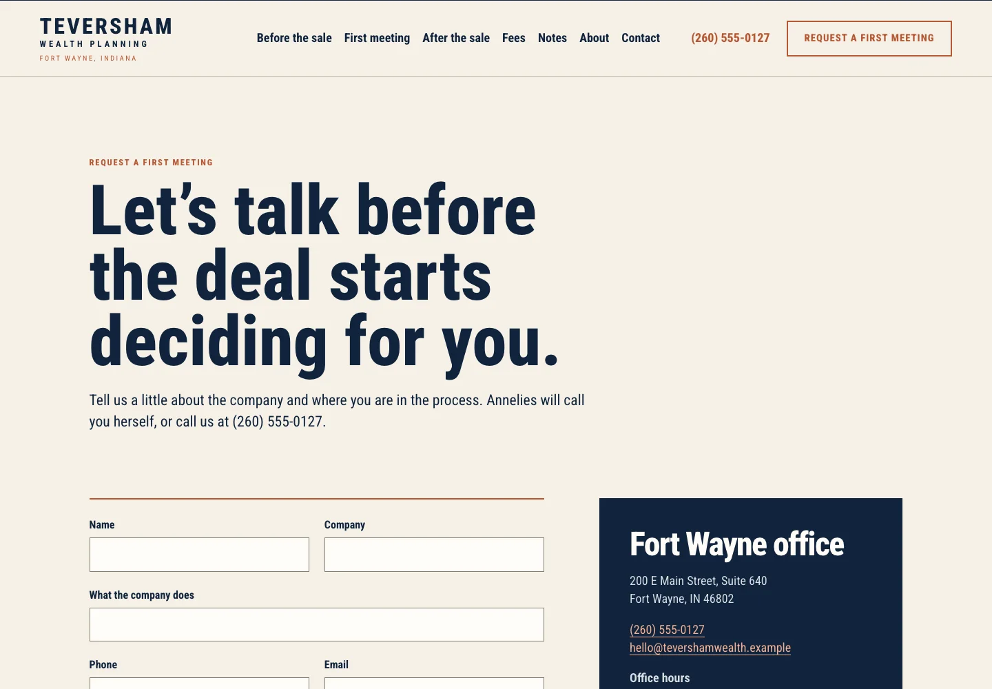 Teversham Wealth Planning contact page, built by Theo: the heading Let's talk before the deal starts deciding for you, the line that Annelies will call you herself, the start of a form asking for name, company and what the company does, and the Fort Wayne office box