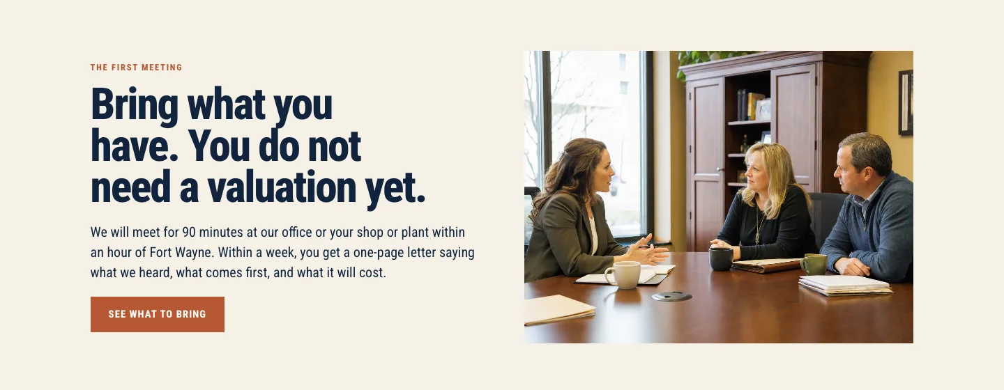 Teversham Wealth Planning home page, built by Theo: the first meeting section, saying the firm meets for 90 minutes at its office or at a shop or plant within an hour of Fort Wayne