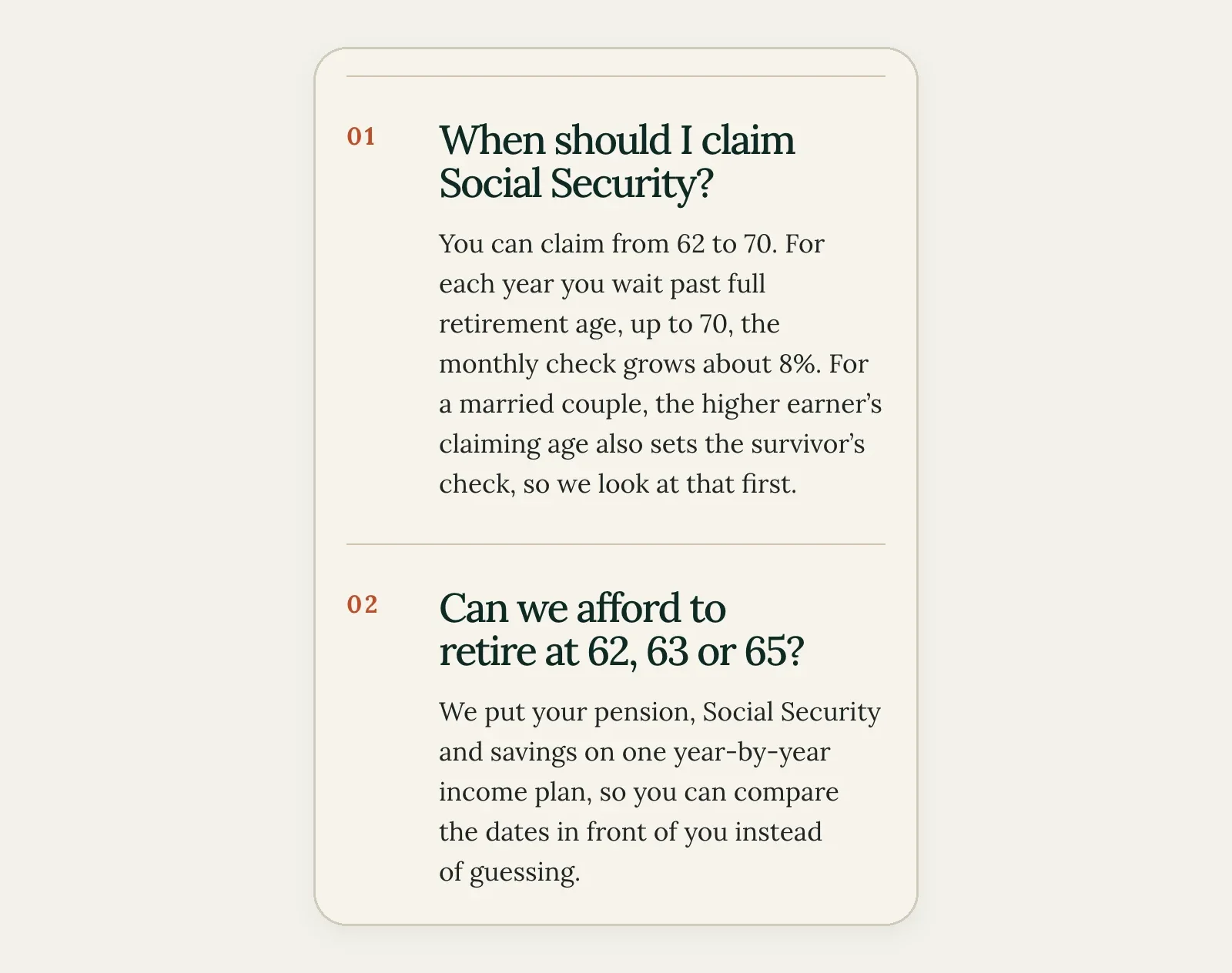 Ambleworth Retirement Planning Retiring soon page on a phone, built by Theo: question 01, When should I claim Social Security?, and question 02, Can we afford to retire at 62, 63 or 65?, each with a short answer