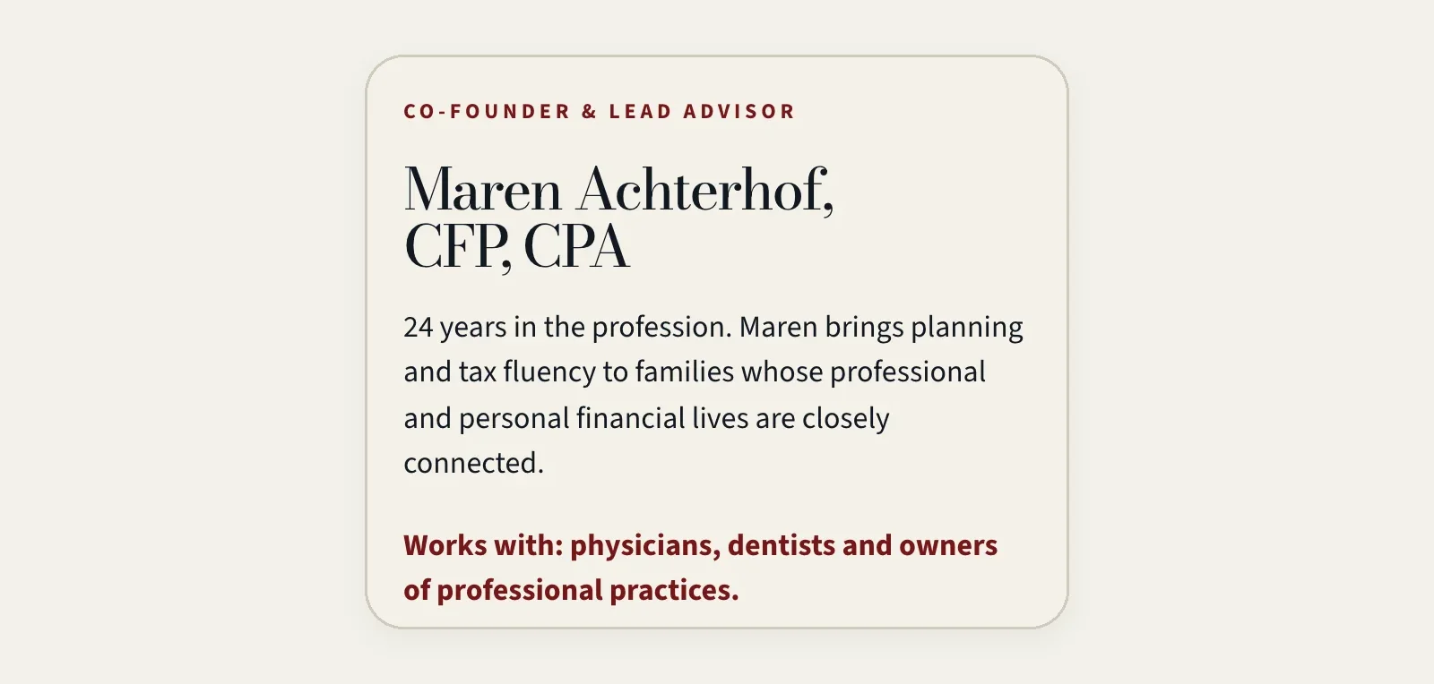Rookwell Wealth Partners advisors page on a phone, built by Theo: the bio of Maren Achterhof, CFP, CPA, ending Works with: physicians, dentists and owners of professional practices