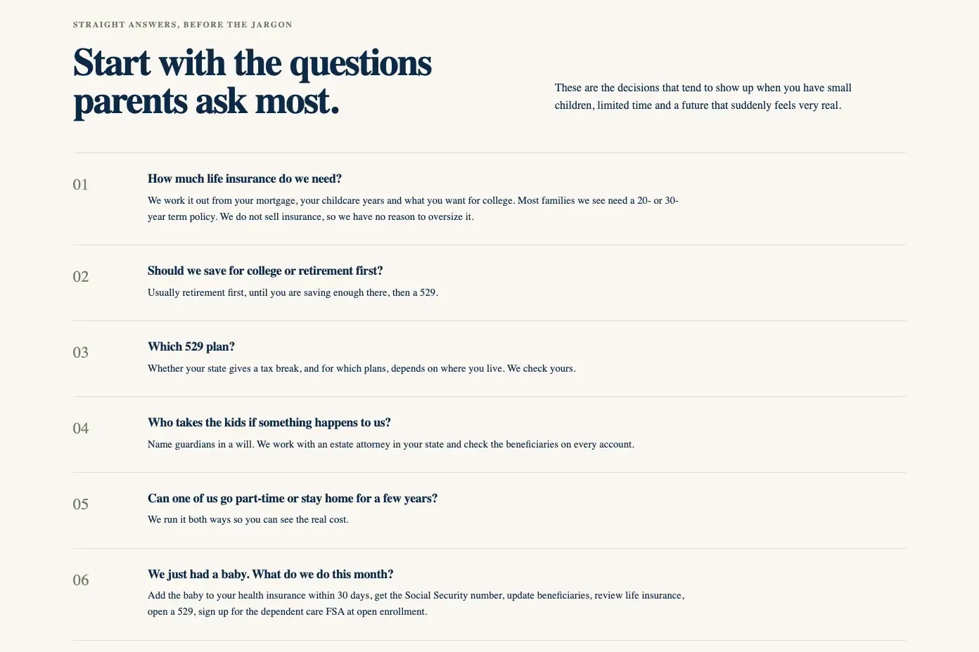Quillby Financial Planning page for parents of young children, built by Theo: Start with the questions parents ask most, six numbered questions with the answers open, from How much life insurance do we need? to We just had a baby. What do we do this month?