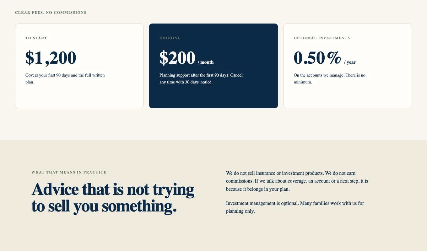 Quillby Financial Planning fee page, built by Theo: three cards reading $1,200 to start, $200 a month, and 0.50% a year on managed accounts, above the line Advice that is not trying to sell you something