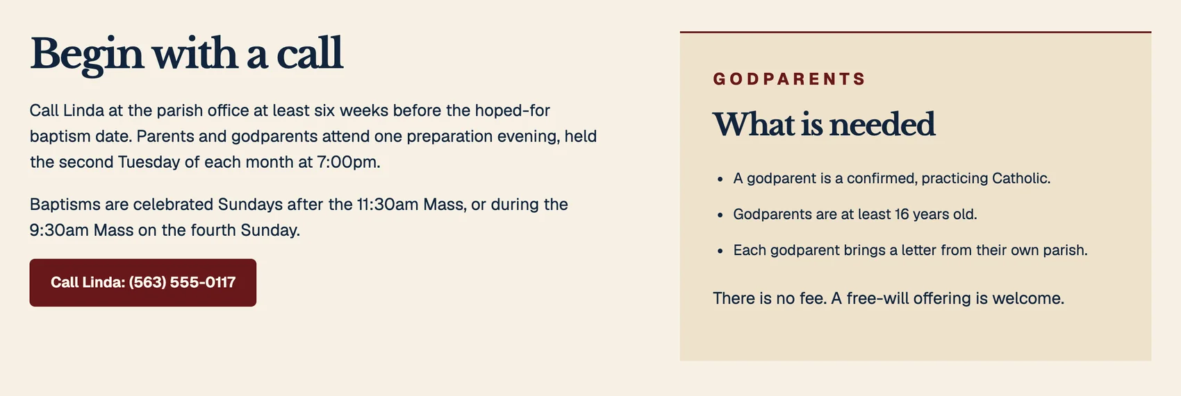 St. Brannock Catholic Church baptism page, built by Theo: Begin with a call, with the parish office contact and baptism Sundays, beside a What is needed box for godparents