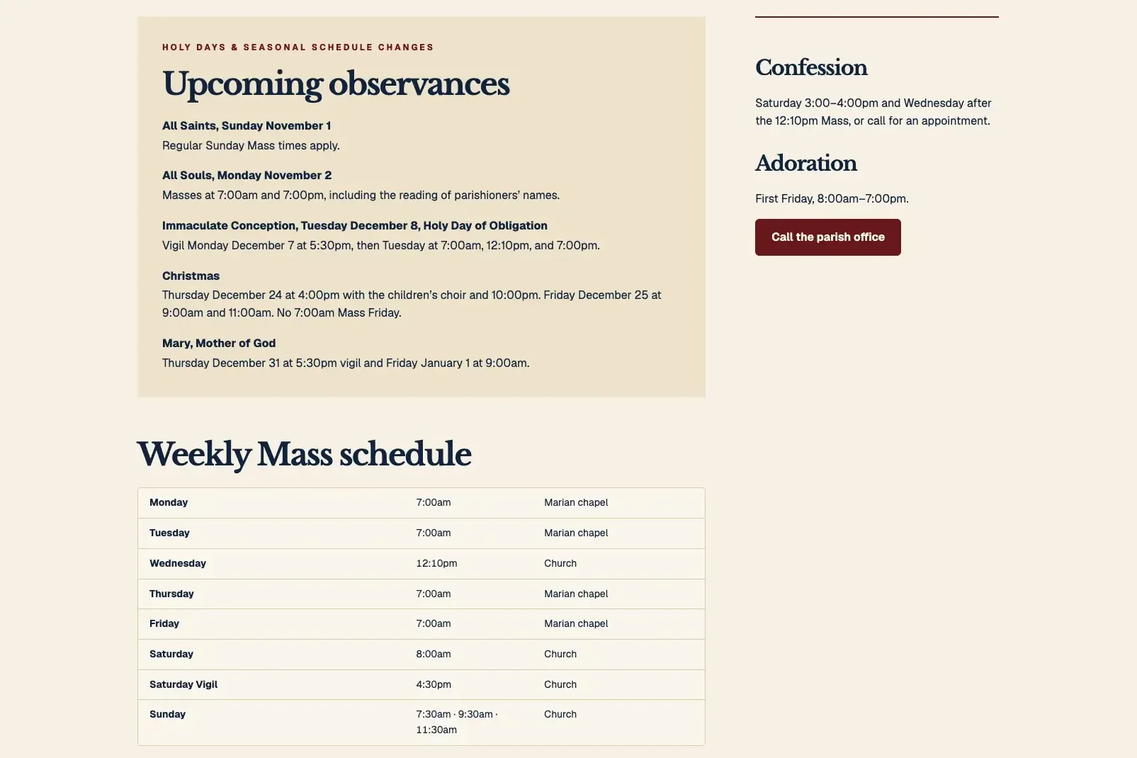 St. Brannock Catholic Church Mass and Confession times page, built by Theo: the upcoming holy day and Christmas changes above the weekly Mass schedule as a table, with Confession and Adoration times beside them
