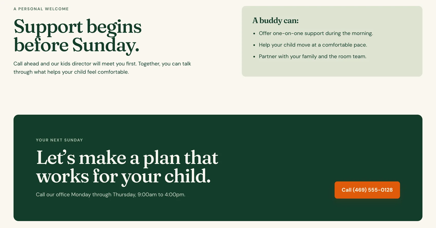 Merriweld Church special needs buddies page, built by Theo: Support begins before Sunday, a list of what a buddy can do, and a Let's make a plan that works for your child box with the office phone