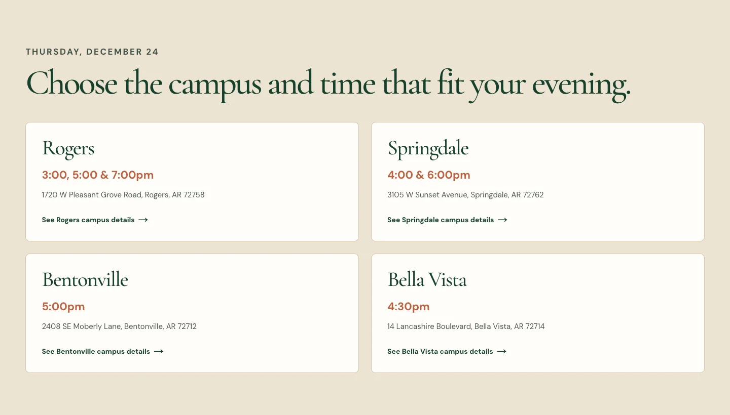 Wrenhaven Church's Christmas Eve page, built by Theo: Choose the campus and time that fit your evening, with a card for Rogers, Springdale, Bentonville and Bella Vista, each with its times and address