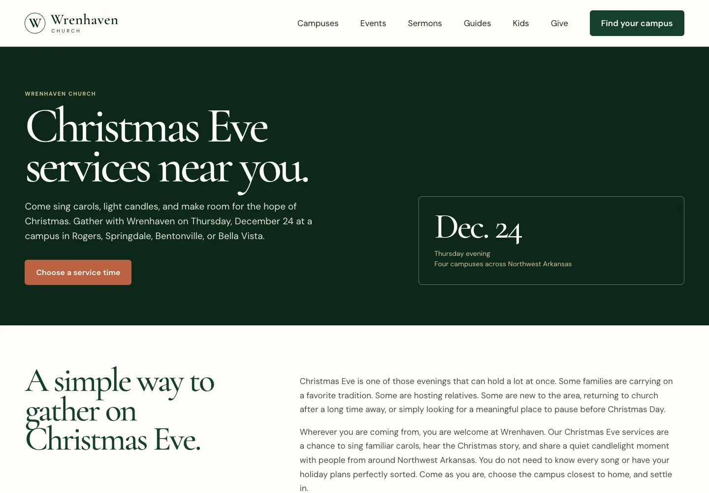 Wrenhaven Church's Christmas Eve page, built by Theo: the headline Christmas Eve services near you, the four towns, a Choose a service time button and a Dec. 24 card