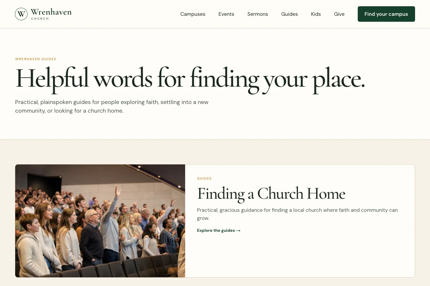 Wrenhaven Church's new Guides page, built by Theo: the headline Helpful words for finding your place and a Finding a Church Home card