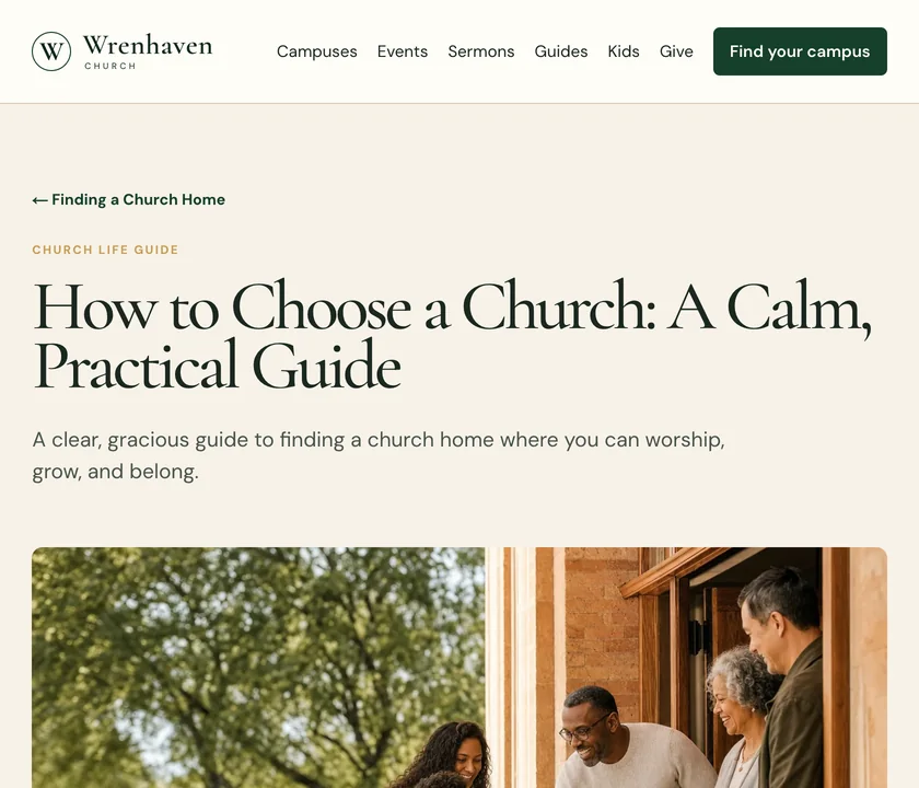 Wrenhaven Church's How to Choose a Church guide, built by Theo: the Wrenhaven header and menu, the title How to Choose a Church: A Calm, Practical Guide, its one-line summary and the top of its photo of a family greeted at a church door