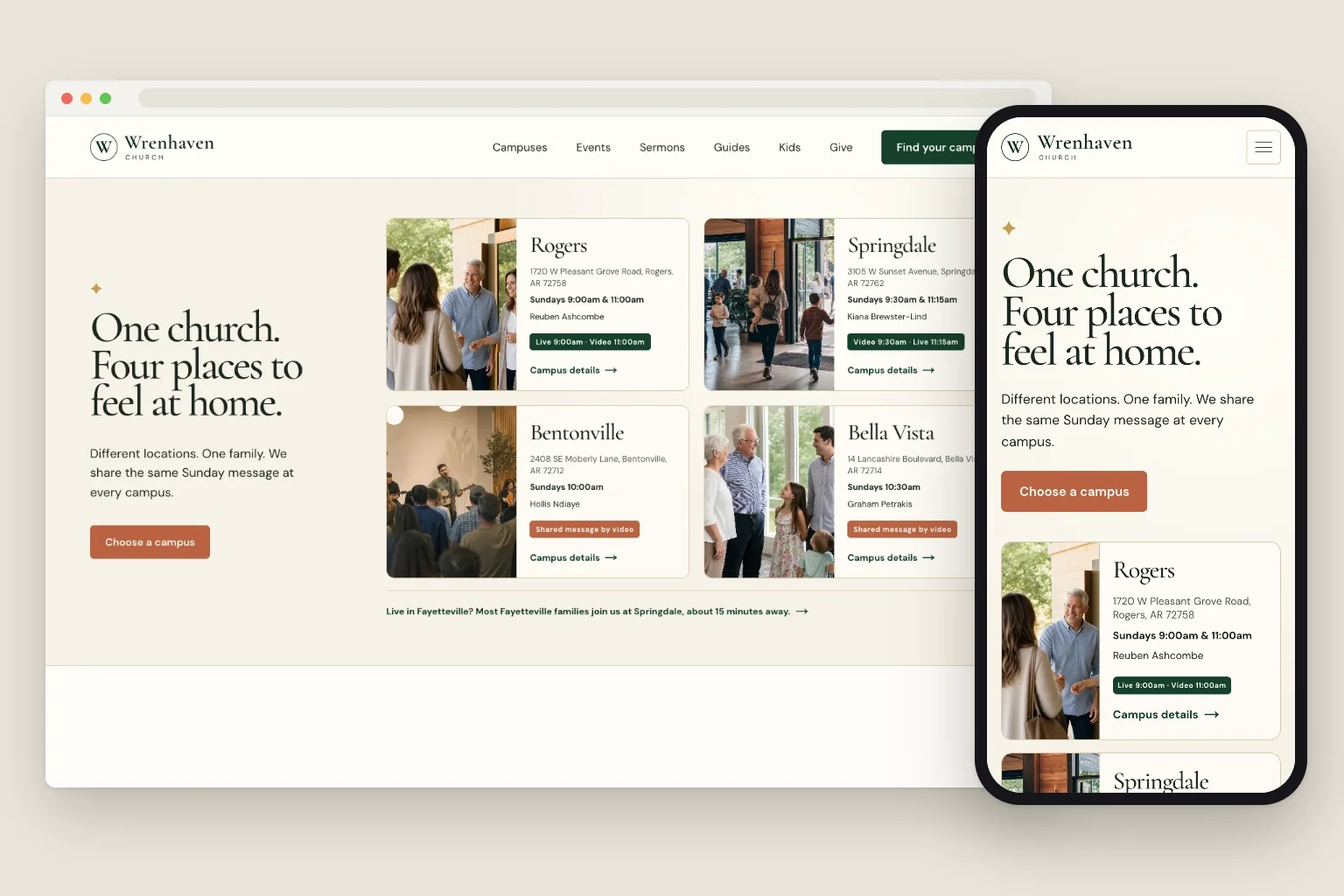 Wrenhaven Church home page on a computer and a phone, built by Theo