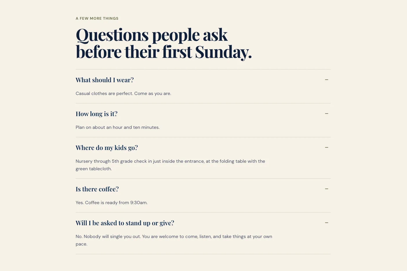 Kettleridge Church First Sunday page FAQ, built by Theo: Questions people ask before their first Sunday, five answers opened, from What should I wear? to Will I be asked to stand up or give?