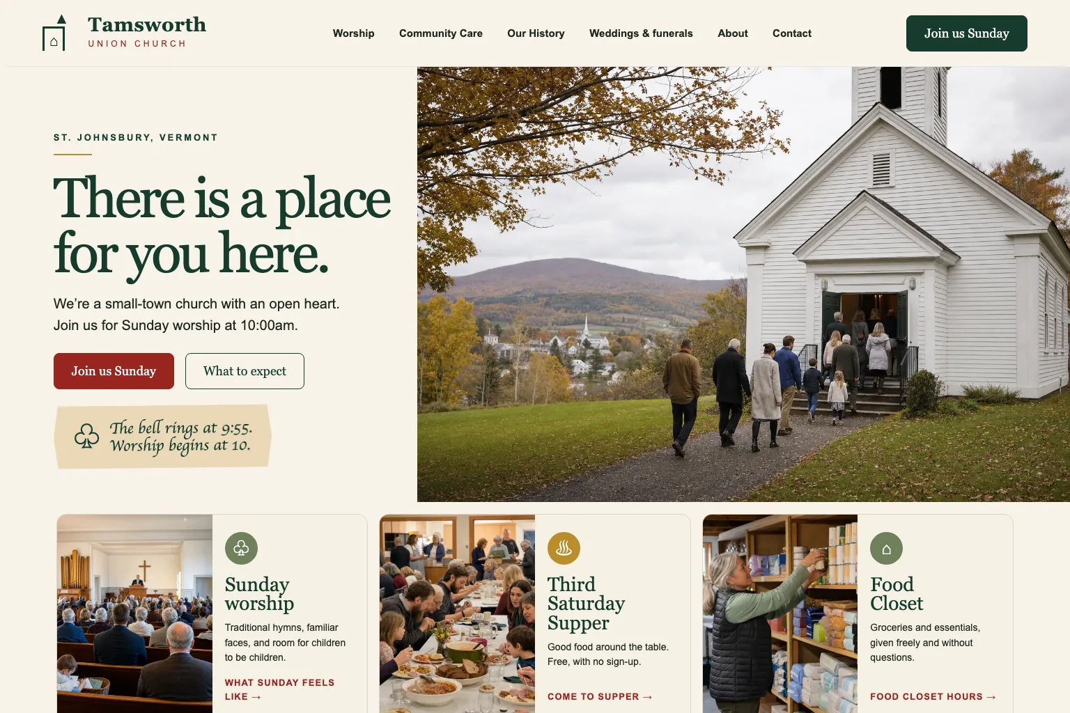 Home page of Tamsworth Union Church, built by Theo: the headline There is a place for you here., Join us Sunday and What to expect buttons, a note on the bell and worship times, and families walking into a white church