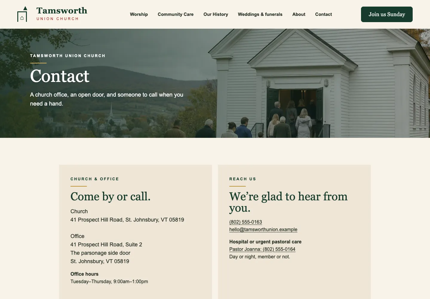 Tamsworth Union Church contact page, built by Theo: the heading Contact over a photo of people walking into a white church, a Church and Office card with addresses and office hours, and a Reach Us card with the pastor's number for hospital or urgent care