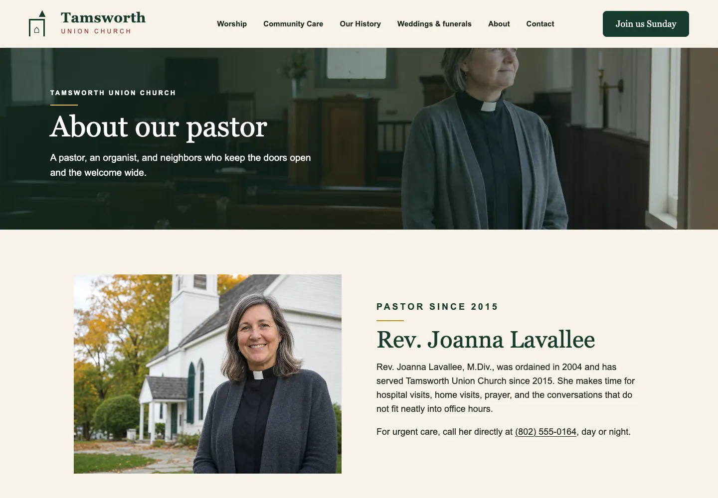 Tamsworth Union Church About our pastor page, built by Theo: the pastor outside the white church, her years of service and her direct number
