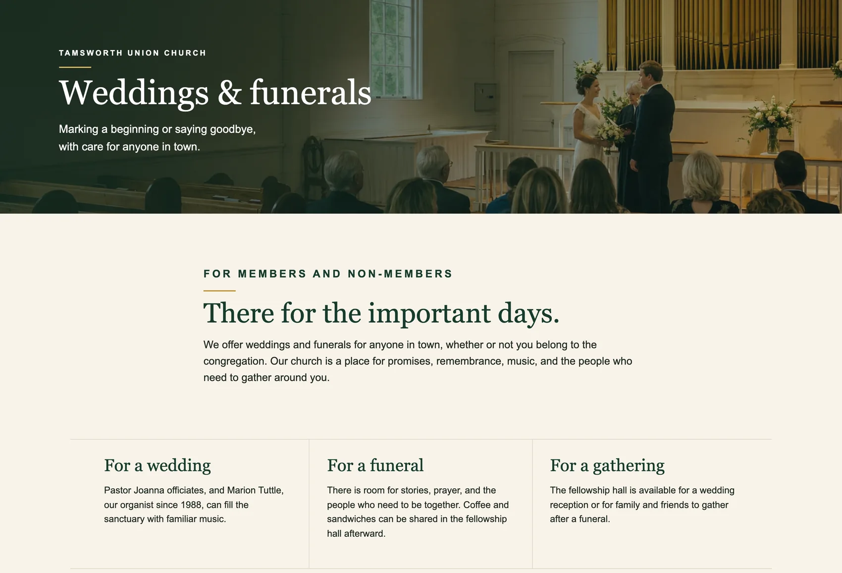 Tamsworth Union Church weddings and funerals page, built by Theo: a wedding in the white sanctuary, then There for the important days and cards for a wedding, a funeral and a gathering