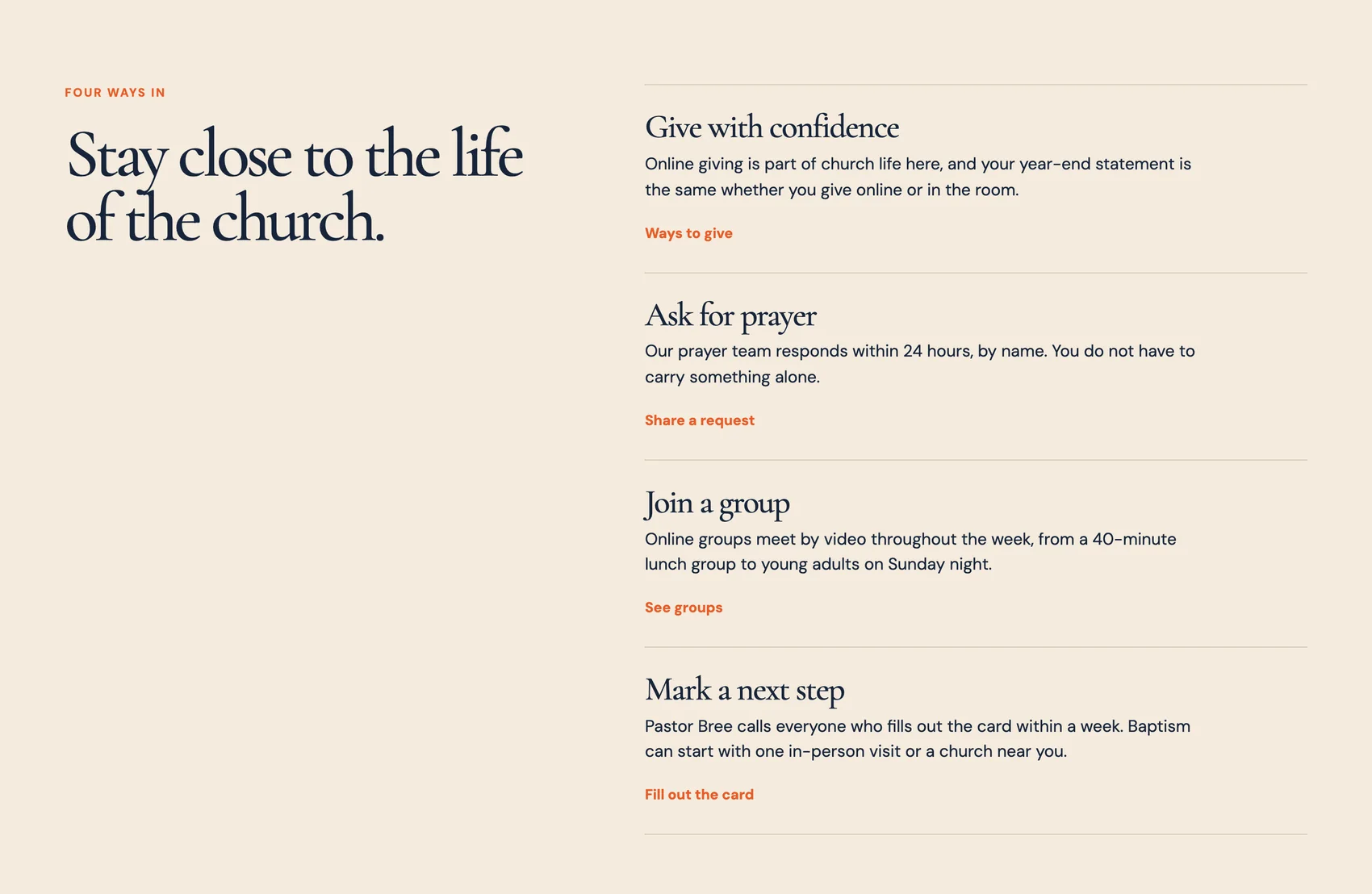 Kindlepoint Church attending online page, built by Theo: Stay close to the life of the church, with Give with confidence, Ask for prayer, Join a group and Mark a next step