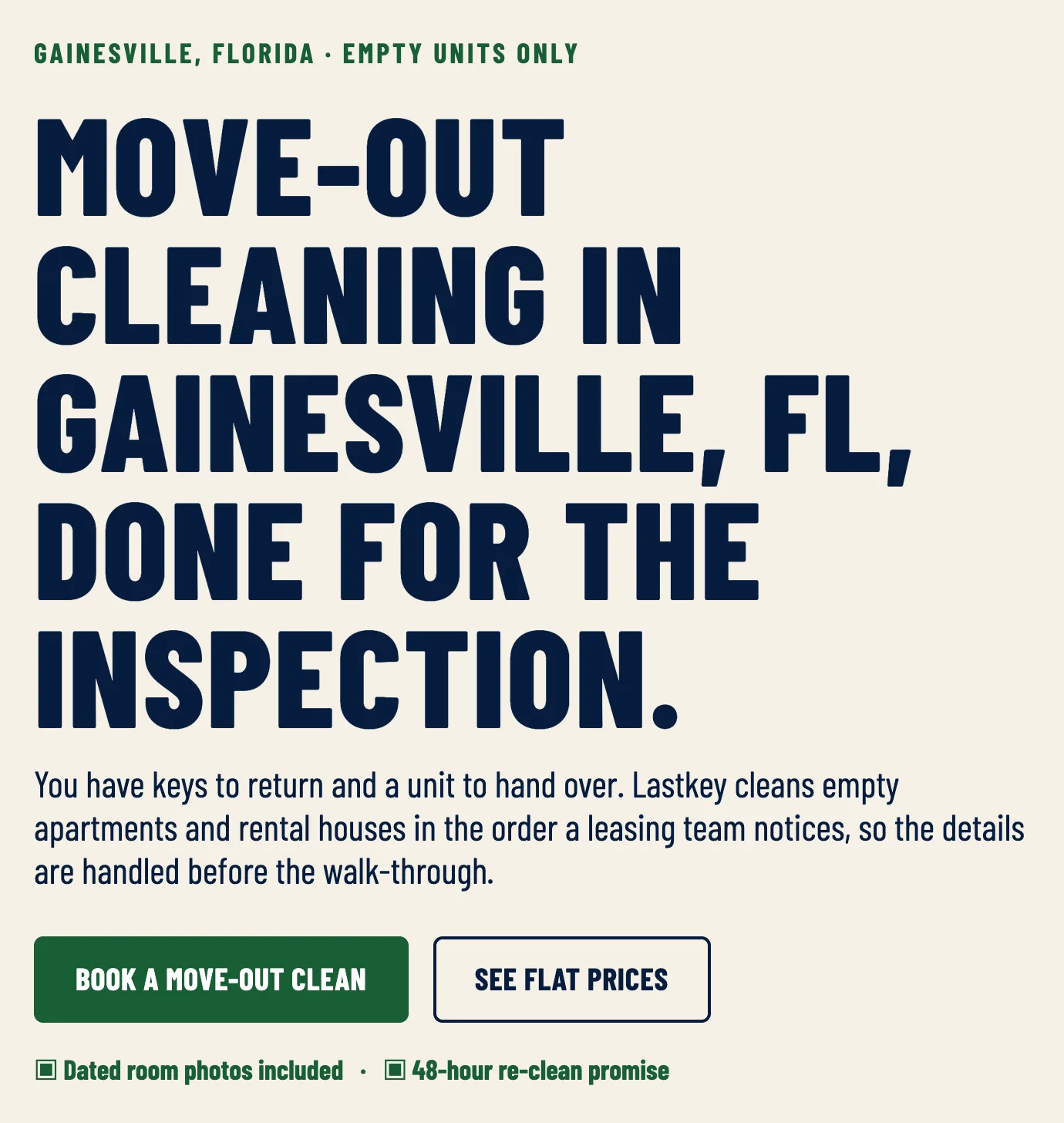 Top of Lastkey Move-Out Cleaning's Gainesville town page, built by Theo: the headline Move-out cleaning in Gainesville, FL, done for the inspection, a line on handing over the keys, buttons to book a move-out clean or see flat prices, and promises of dated room photos and a 48-hour re-clean
