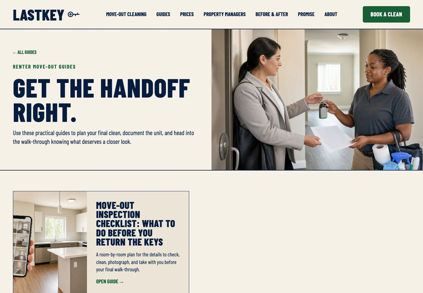 Lastkey Move-Out Cleaning's Renter Move-Out Guides page, built by Theo: the headline Get the handoff right above a card for the inspection checklist guide