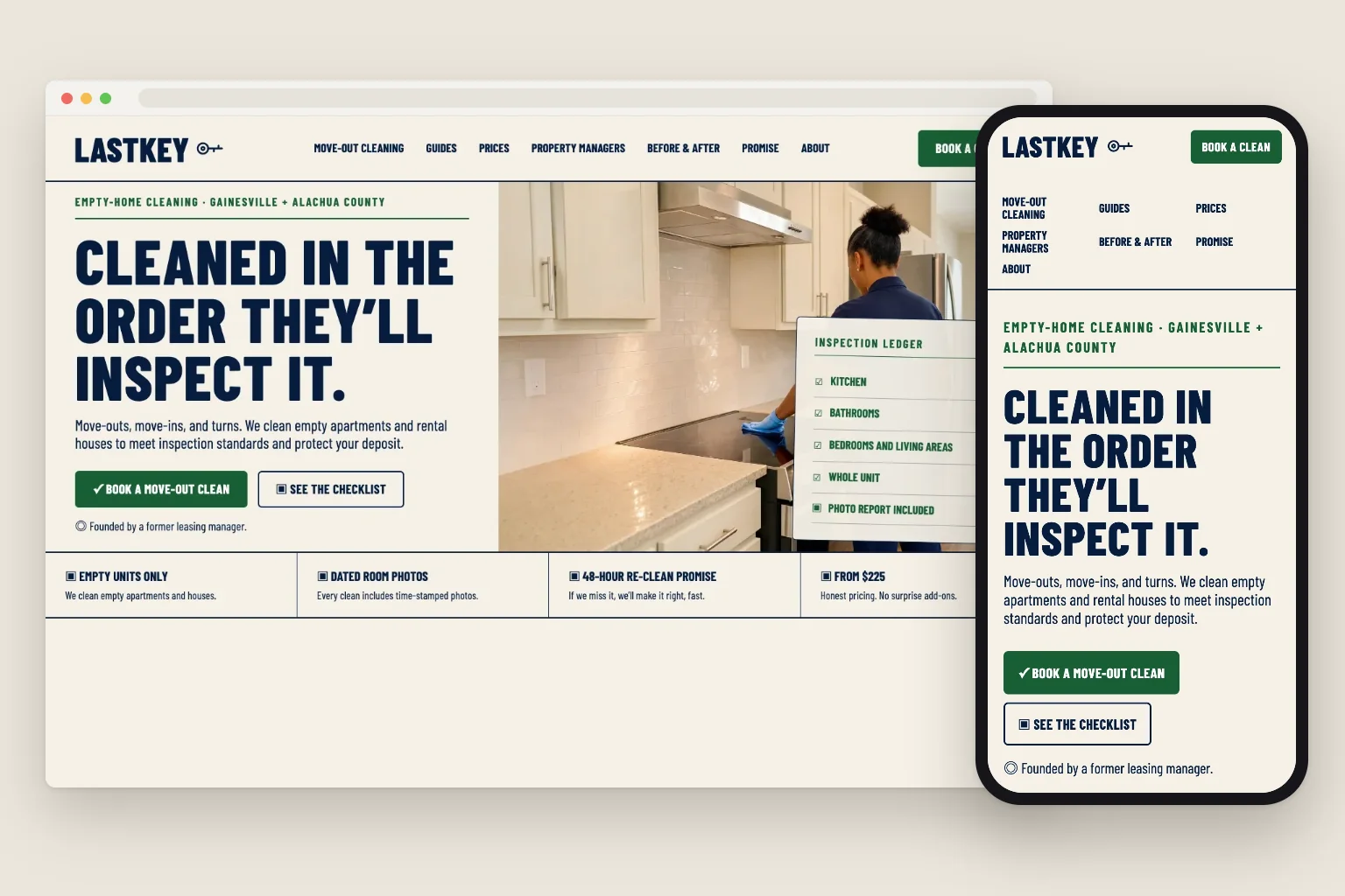 Lastkey Move-Out Cleaning home page on a computer and a phone, built by Theo