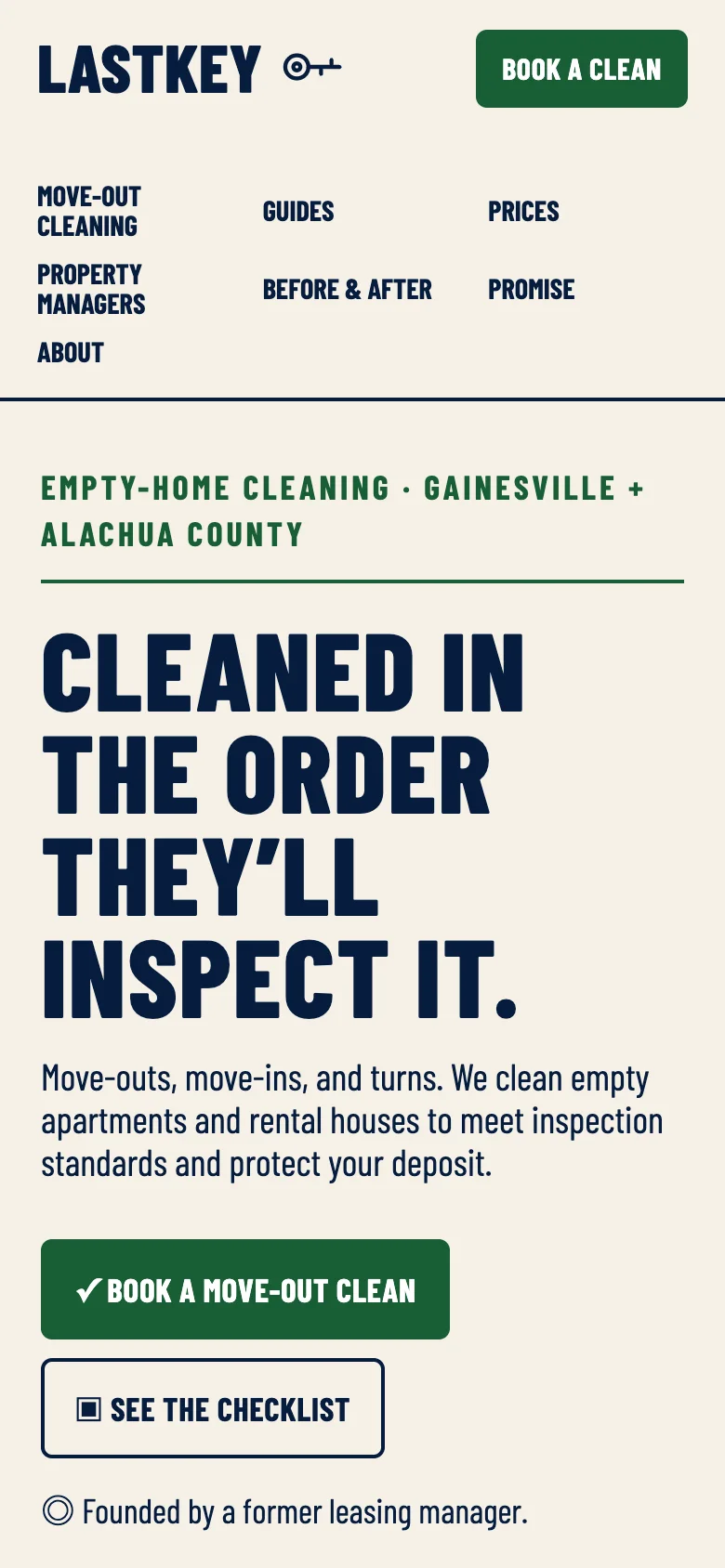 Lastkey Move-Out Cleaning home page on a phone, built by Theo