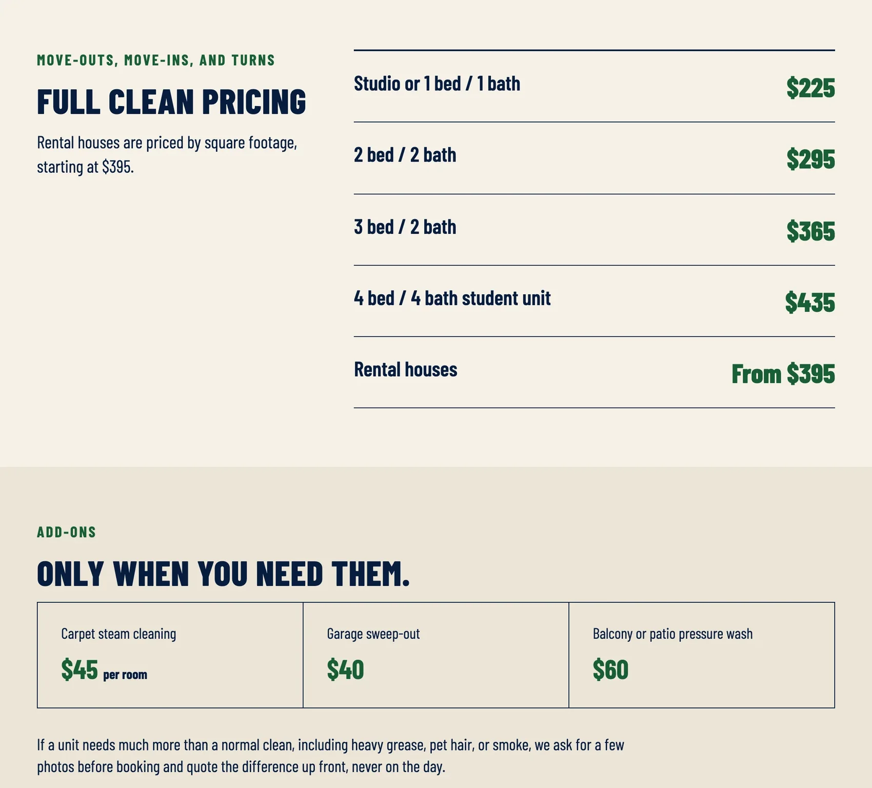 Lastkey Move-Out Cleaning's prices page, built by Theo: a flat price for each unit size from a studio to a four-bedroom student unit, rental houses from $395, and three add-ons