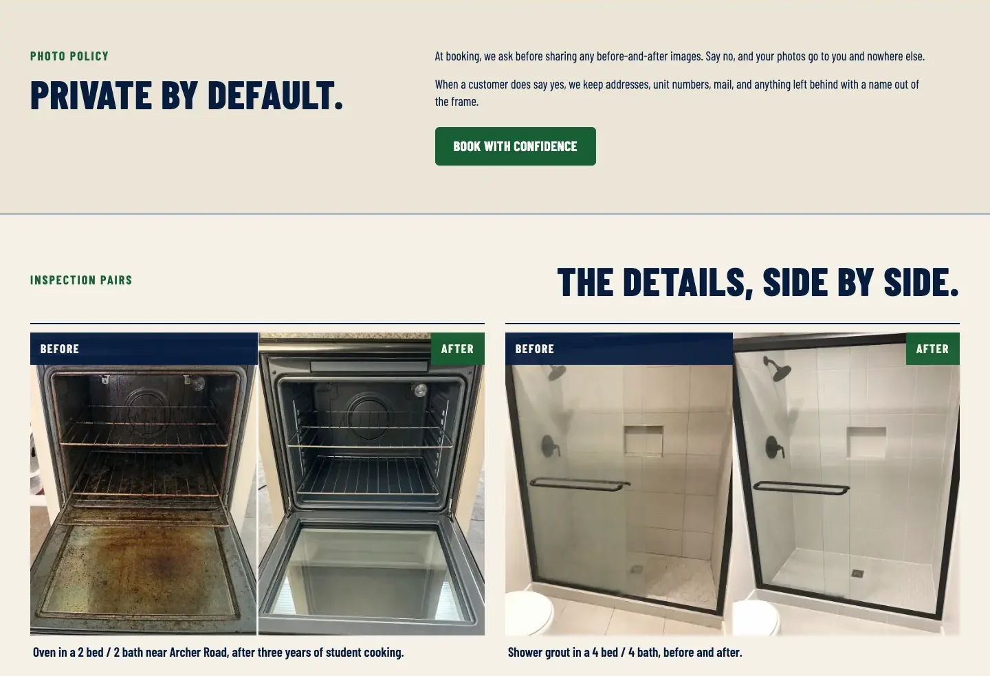 Lastkey Move-Out Cleaning Before and after page, built by Theo: the Private by default photo policy above before-and-after pairs of an oven and a shower