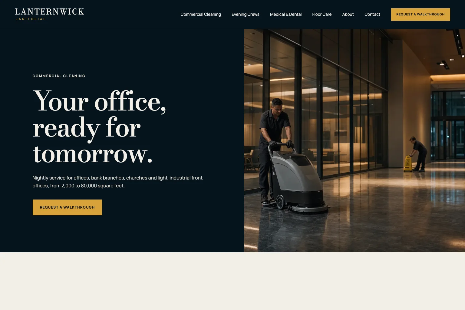 Commercial cleaning page of Lanternwick Janitorial, built by Theo