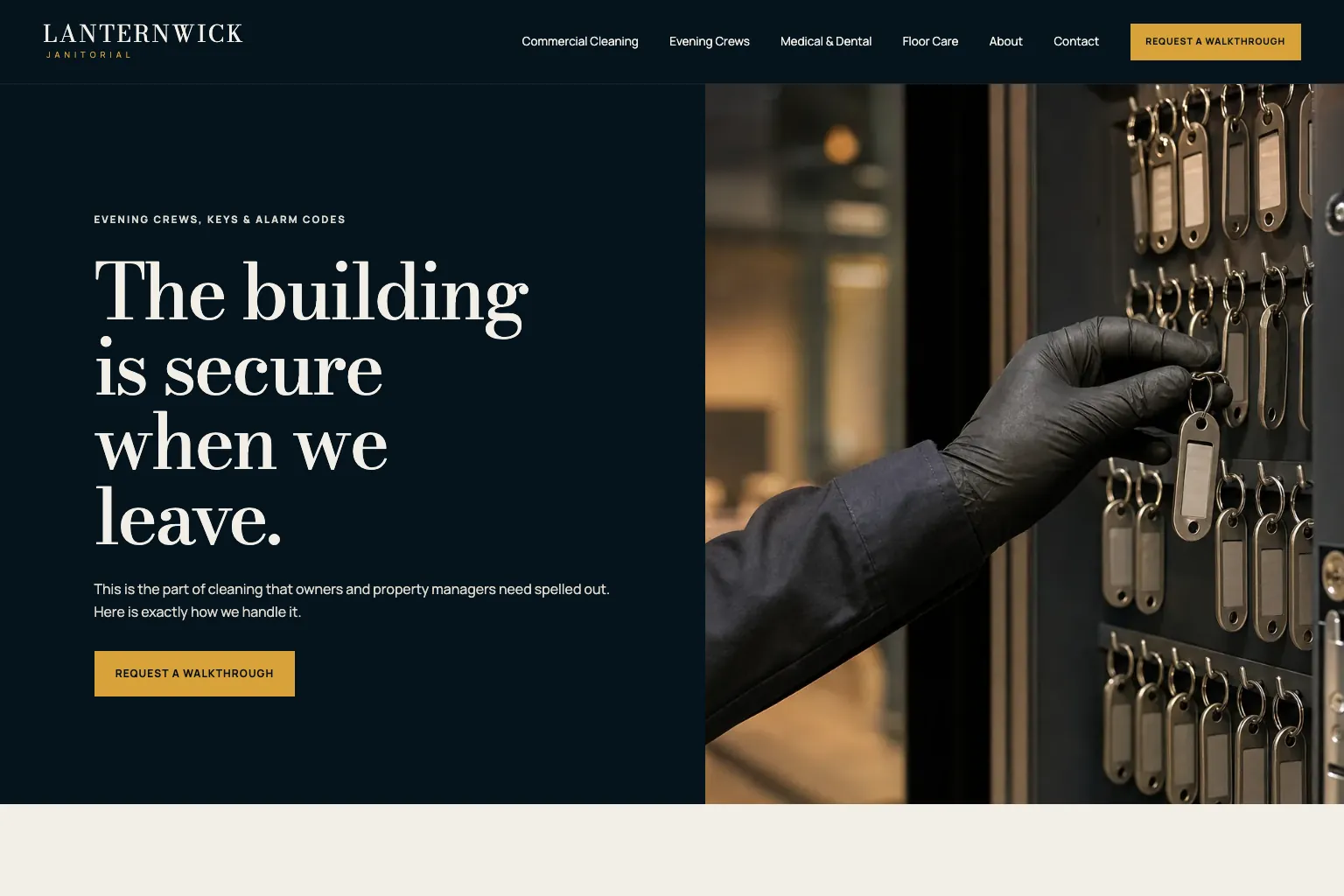 Keys and alarm codes page of Lanternwick Janitorial, built by Theo