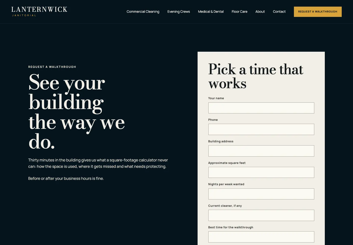 Lanternwick Janitorial Request a walkthrough page, built by Theo: a short form headed Pick a time that works