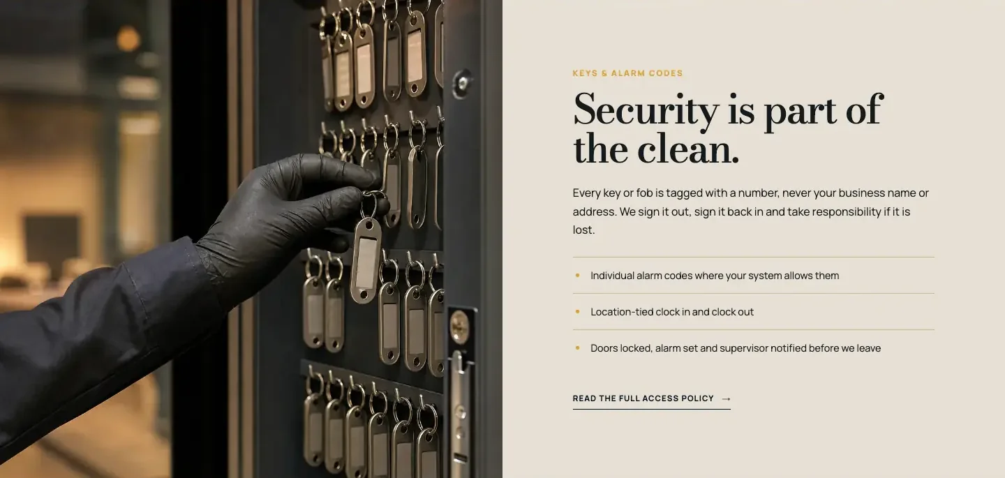 Lanternwick Janitorial keys and alarm codes section, built by Theo: a gloved hand taking a key tag from a key cabinet, beside the access rules