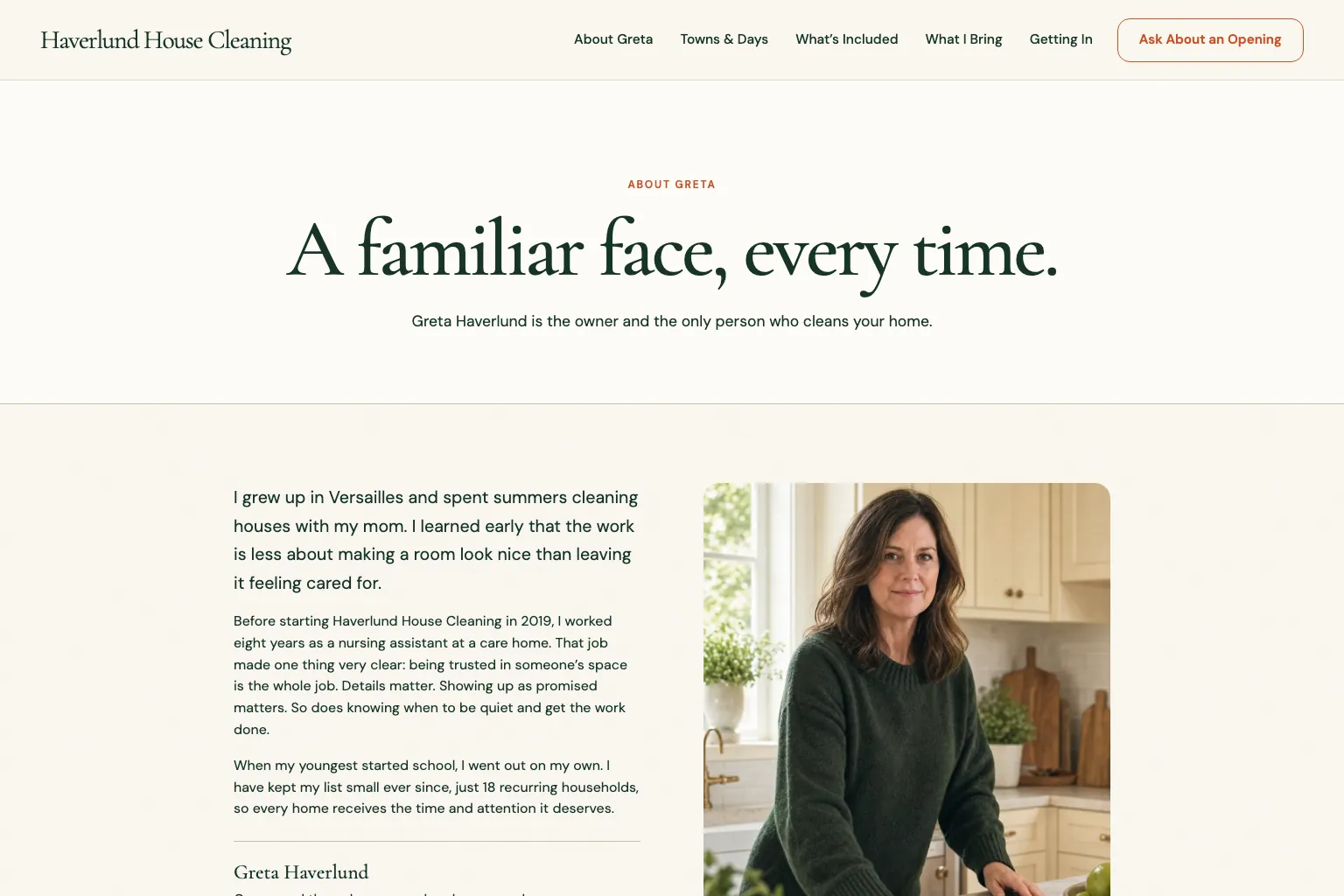 About Greta page of Haverlund House Cleaning, built by Theo