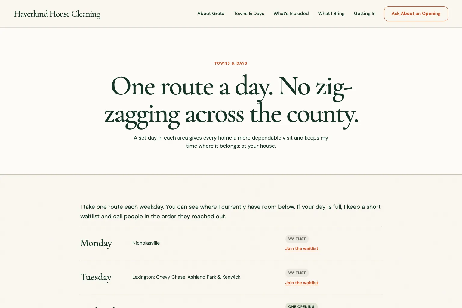 Towns and days page of Haverlund House Cleaning, built by Theo