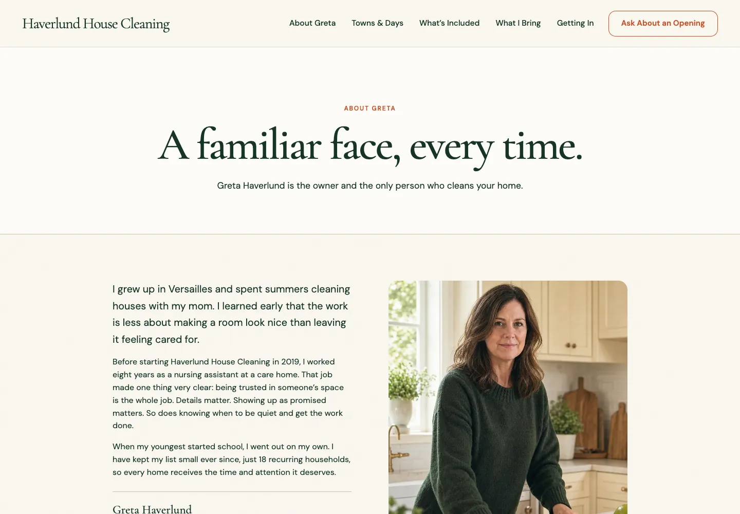 About Greta page of Haverlund House Cleaning, built by Theo