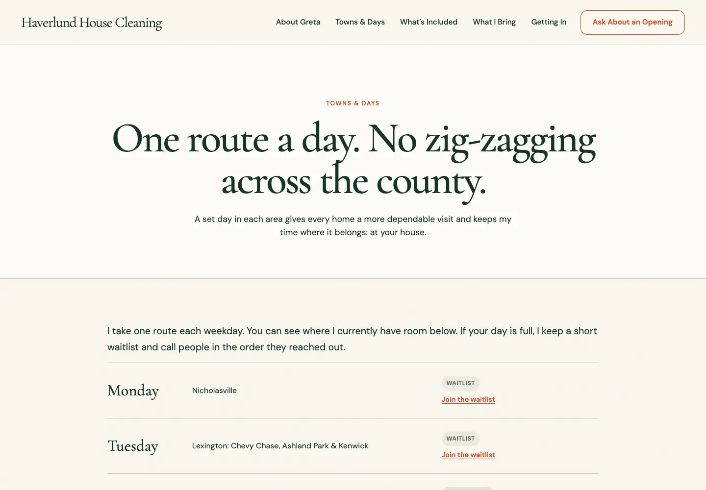 Towns and days page of Haverlund House Cleaning, built by Theo